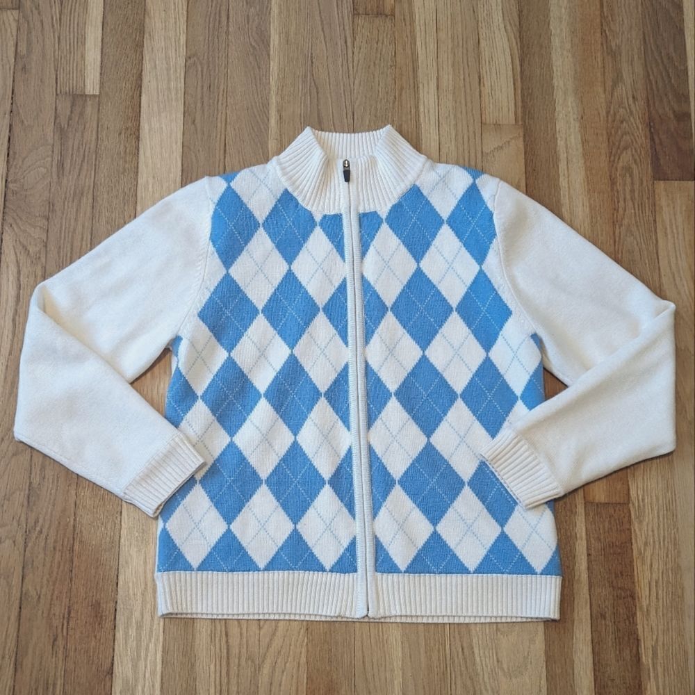 SUNICE wind stopper zip up wool sweater jacket blue and white cream